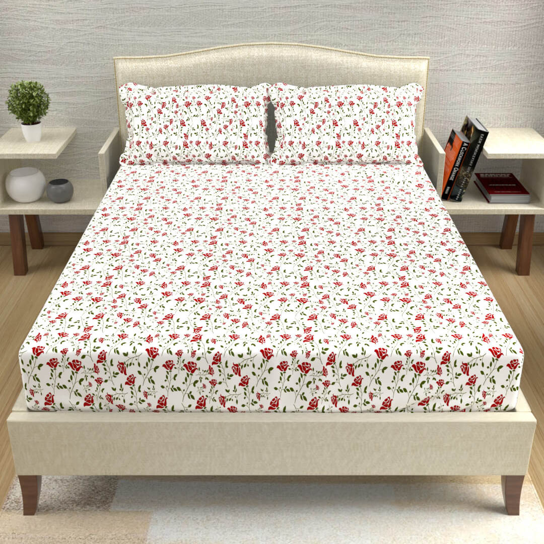 buy red and white floral roses cotton double bed bedsheets online – front view